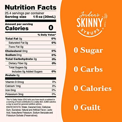 Jordan's Skinny Syrups Sugar Free Coffee Syrup, Caramel Flavor Drink Mix, 25.4 Fl Oz