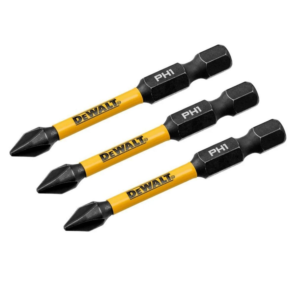Three Dewalt drill bits with black and yellow color scheme on a white background