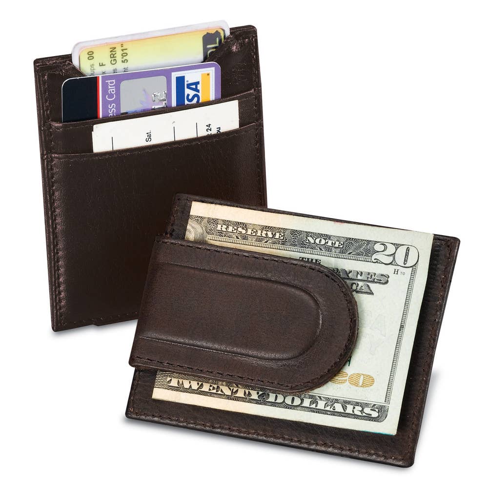 Brown leather wallet with money clip and card slots on a white background