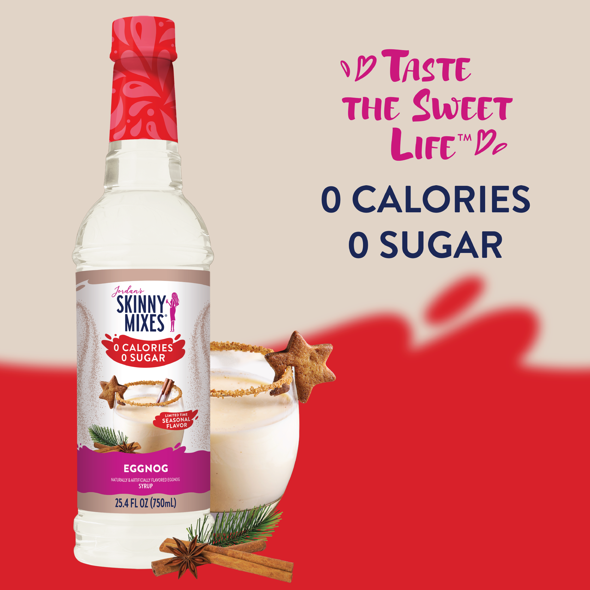Skinny Mixes Eggnog syrup bottle with a glass of eggnog and cinnamon sticks on a red and beige background.