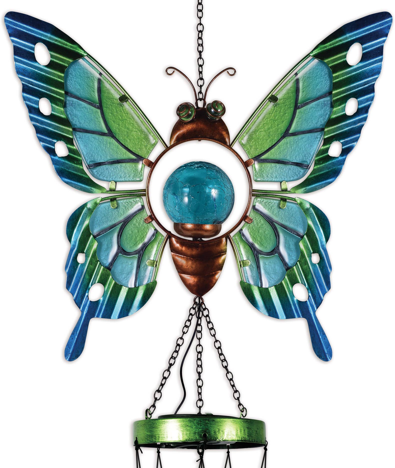 Decorative butterfly with blue and green wings and a hanging design on a white background