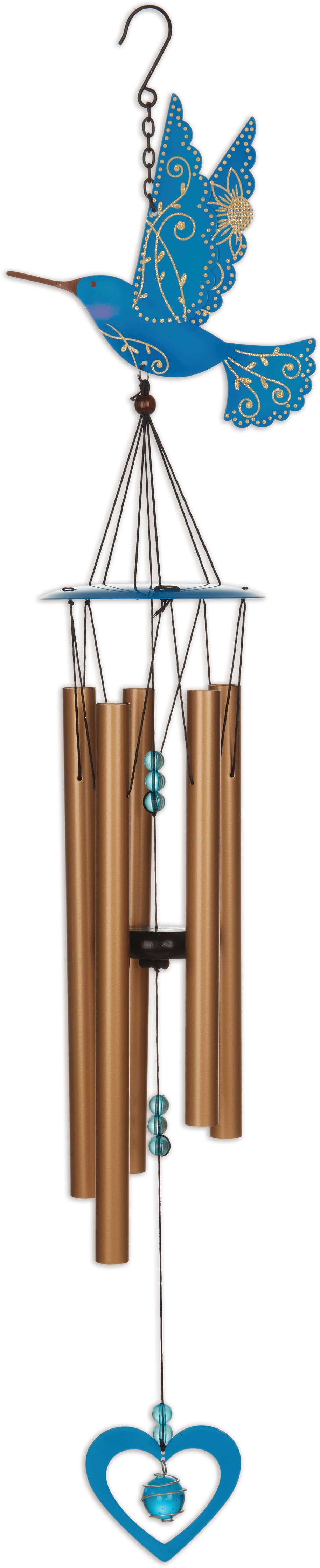 A hanging wind chime featuring a blue hummingbird at the top, several metallic bronze cylindrical tubes, small blue and green decorative beads, and a blue heart-shaped ornament at the bottom.