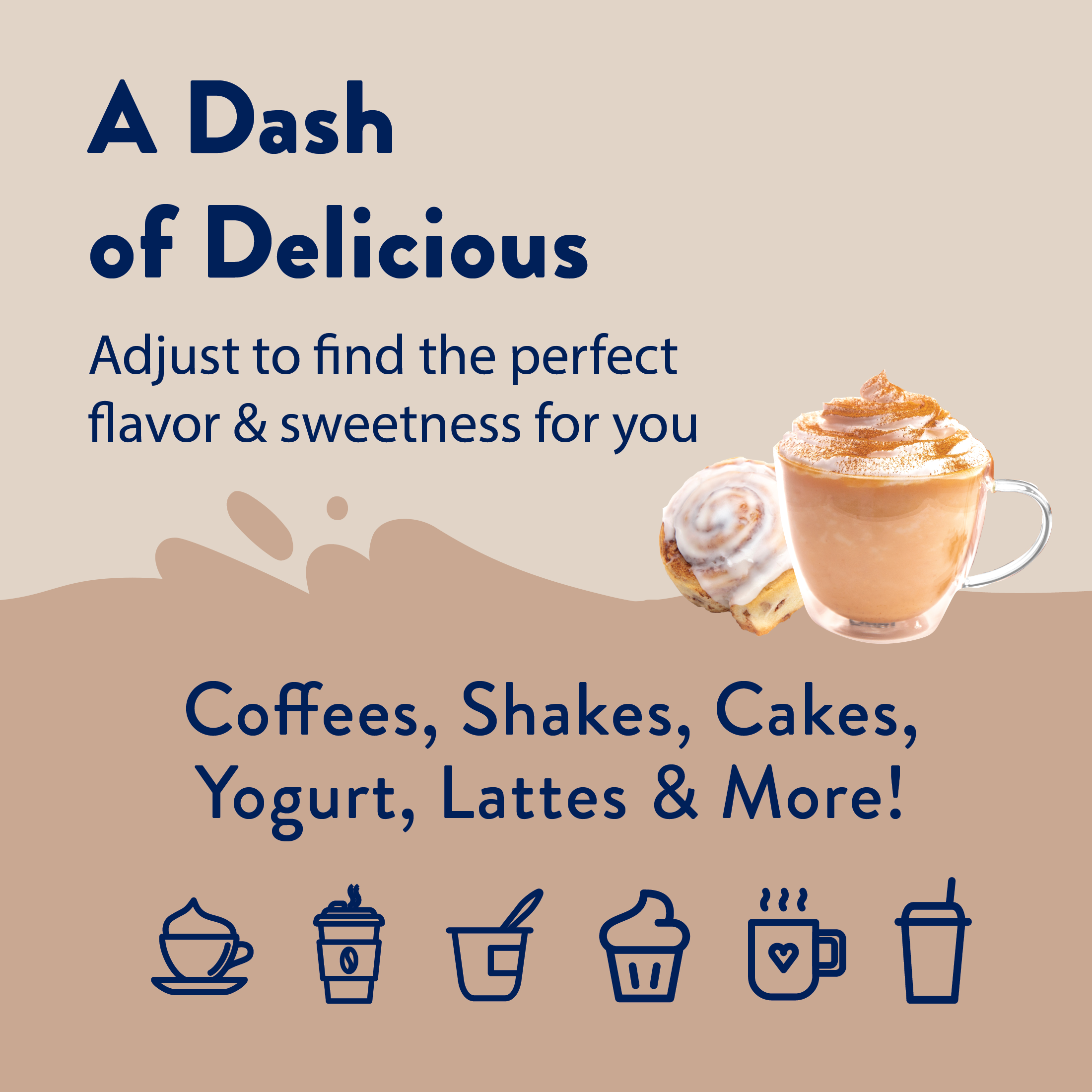 Promotional graphic for a product that adjusts flavor and sweetness, featuring a cup of coffee and a pastry on a beige background.