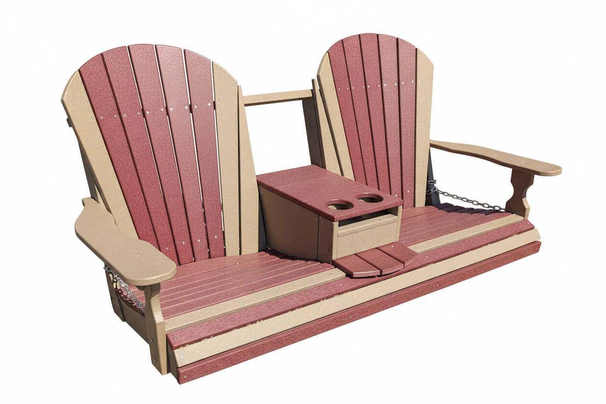 5ft Barrel back tan and red poly swing with white background