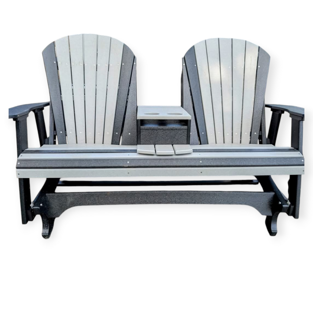 Gray and white Adirondack-style outdoor bench with a cooler on a white background