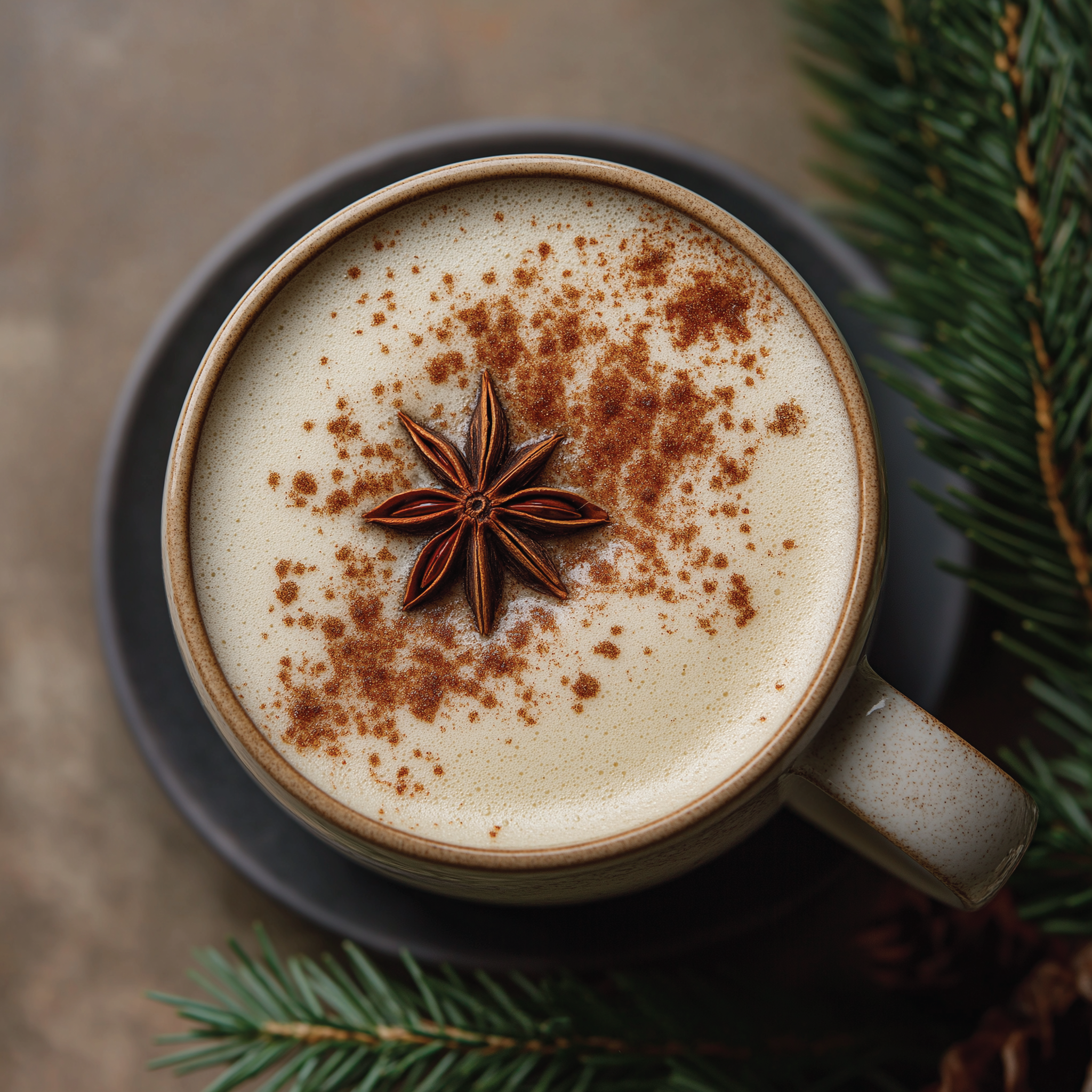 Cup of coffee with cinnamon sprinkles and a star anise on top, surrounded by pine branches.