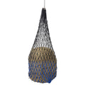 A two-tone hay net with royal blue and black colors, designed for slow feeding of hay to animals.