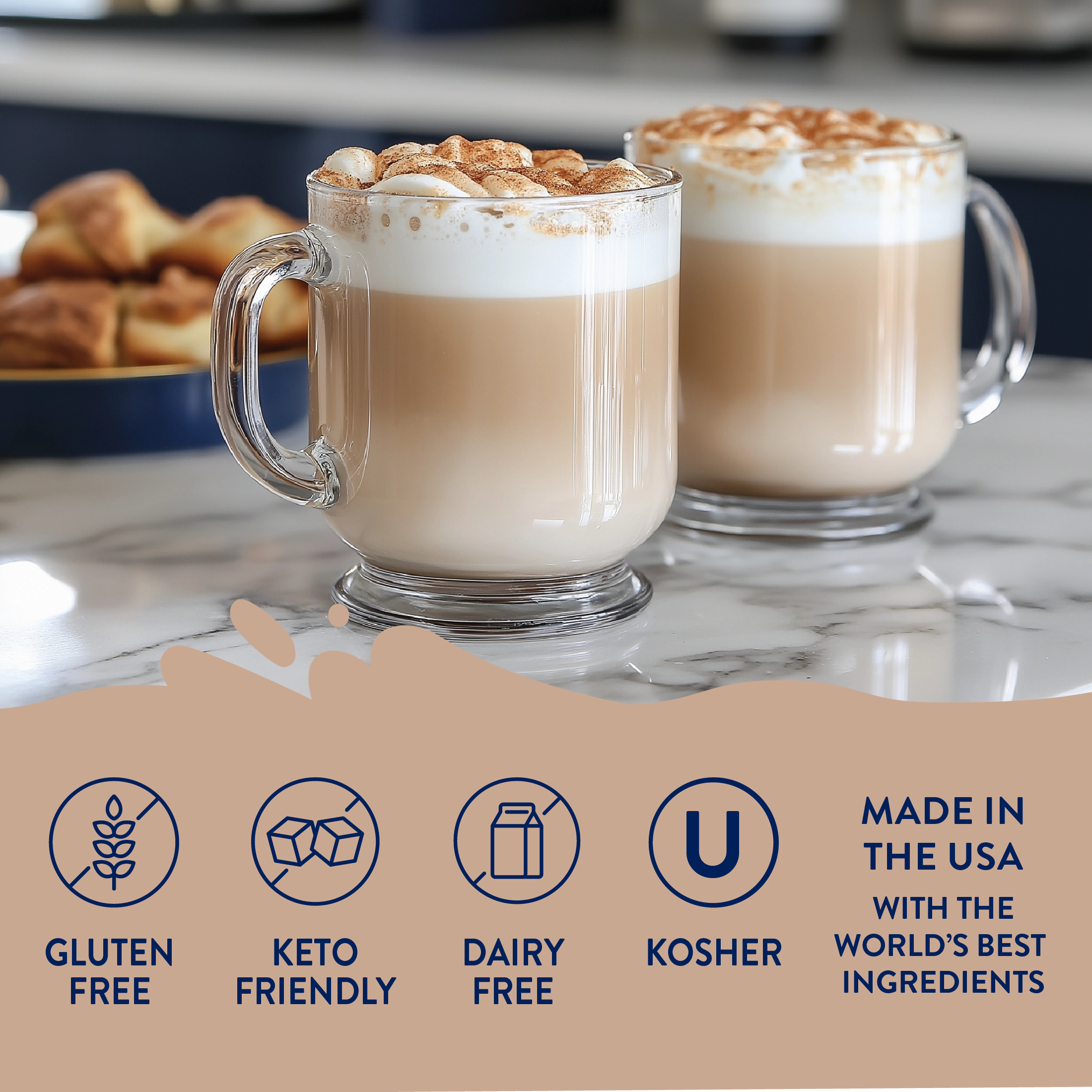 Two glasses of coffee with whipped cream on a marble countertop, featuring dietary label icons and text.