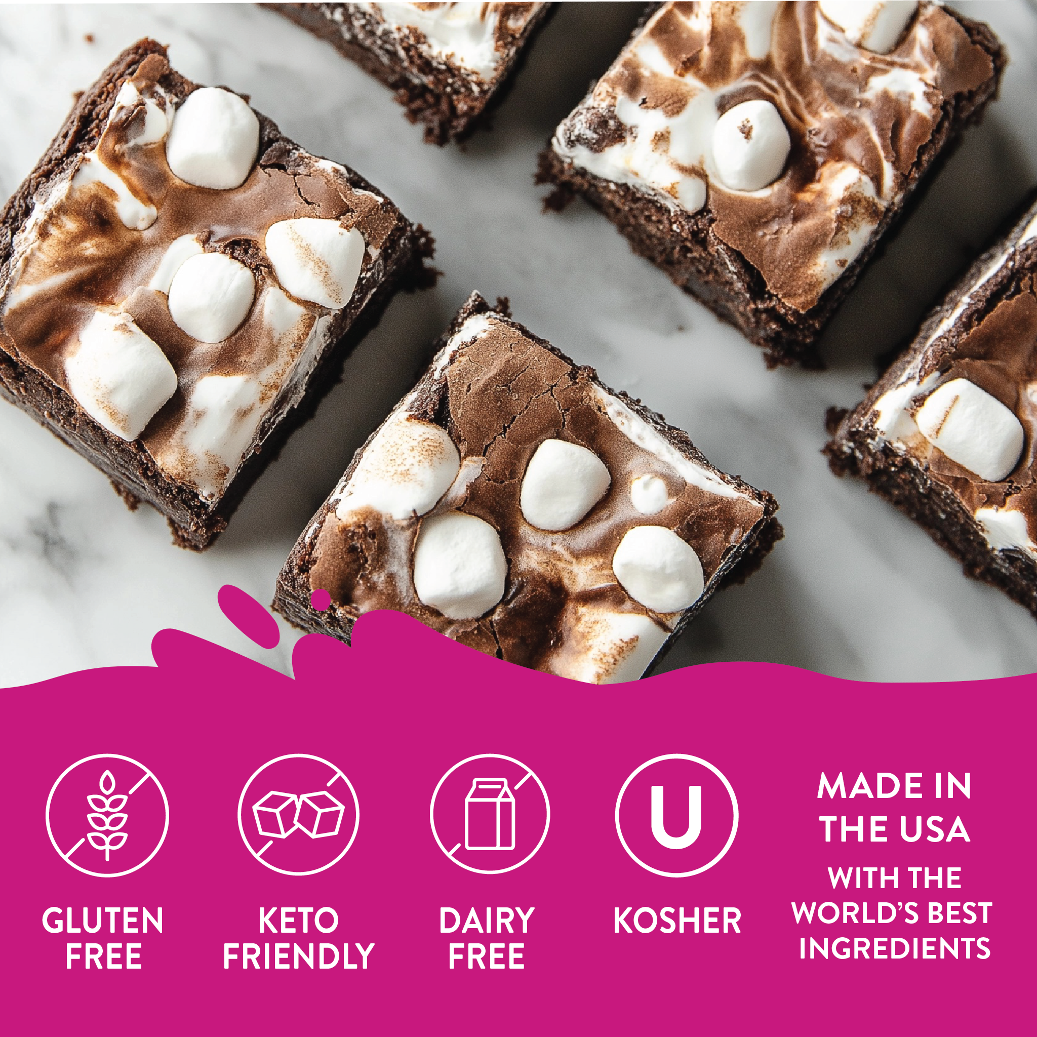 Brownies with marshmallows on a marble surface, featuring dietary label icons and text.
