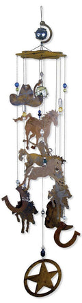 36-inch rustic metal western wind chime with bronco rider silhouettes, horseshoes, cowboy boots, and beads.
