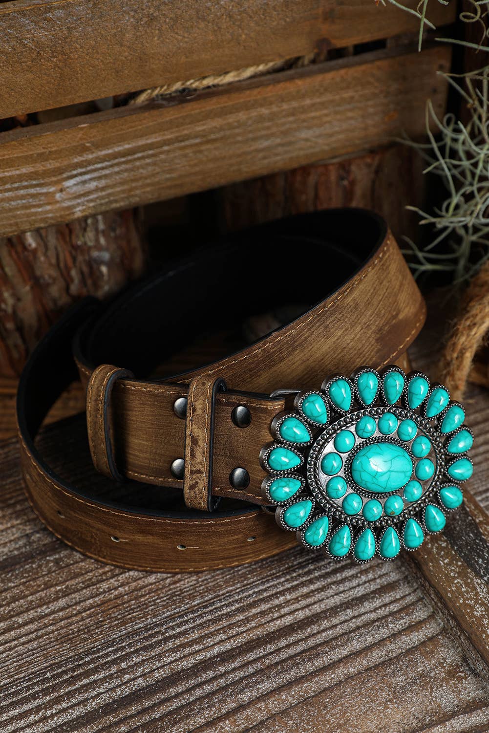 Vintage Western Turquoise Buckle Belt – Wide PU Leather Statement Accessory