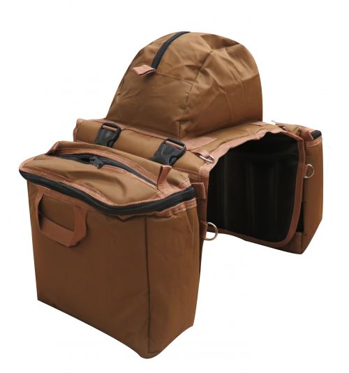 Brown leather saddlebag with open lid on a white background