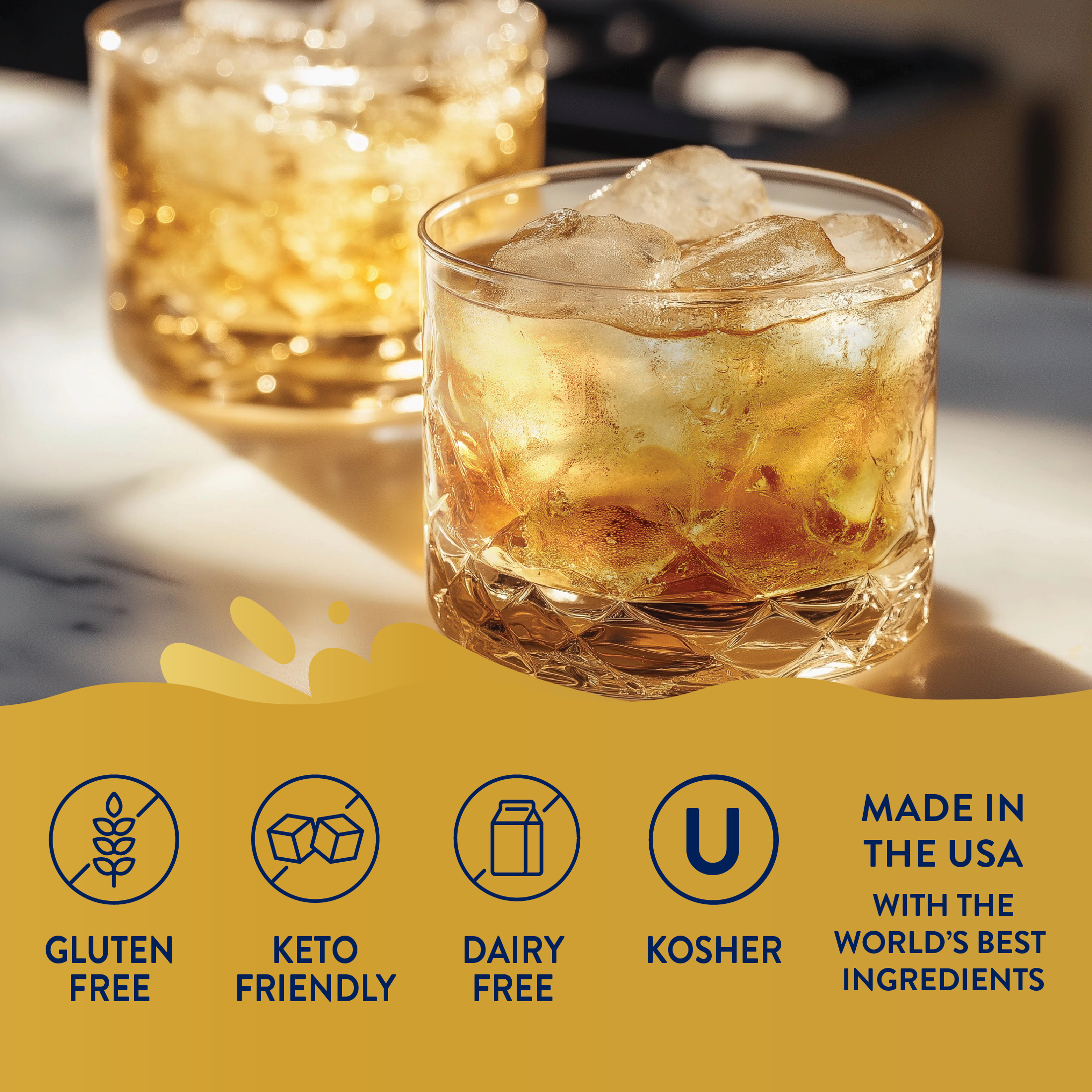 Two glasses of iced drinks on a marble surface with certification icons and text about product features.