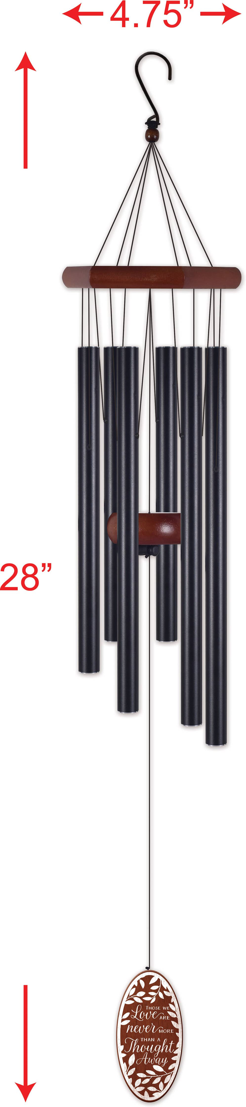 A wind chimes with a brown wooden top bar and a brown hanging ornament, showing  dimension arrows and labels indicating 28 inches height, 4.75 inches width, and overall length.