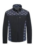 Black jacket with blue patterned sleeves on a white background
