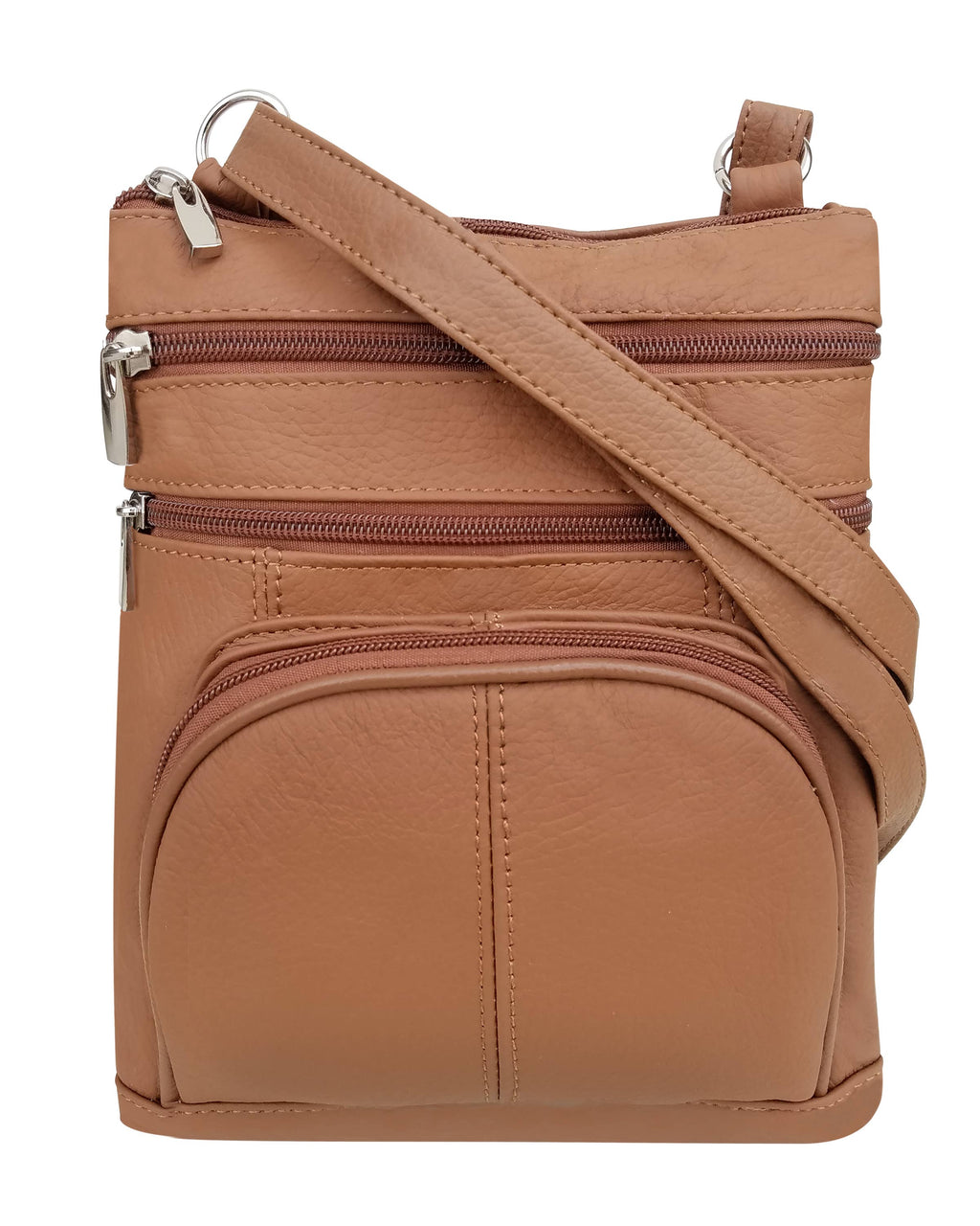 Brown crossbody bag with multiple zippers on a white background