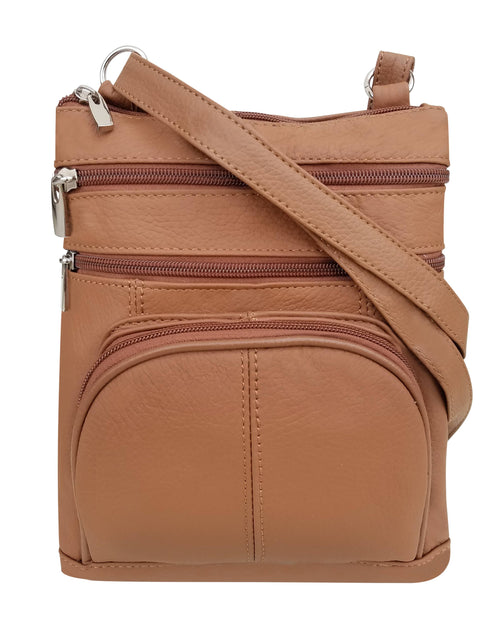 Brown crossbody bag with multiple zippers on a white background