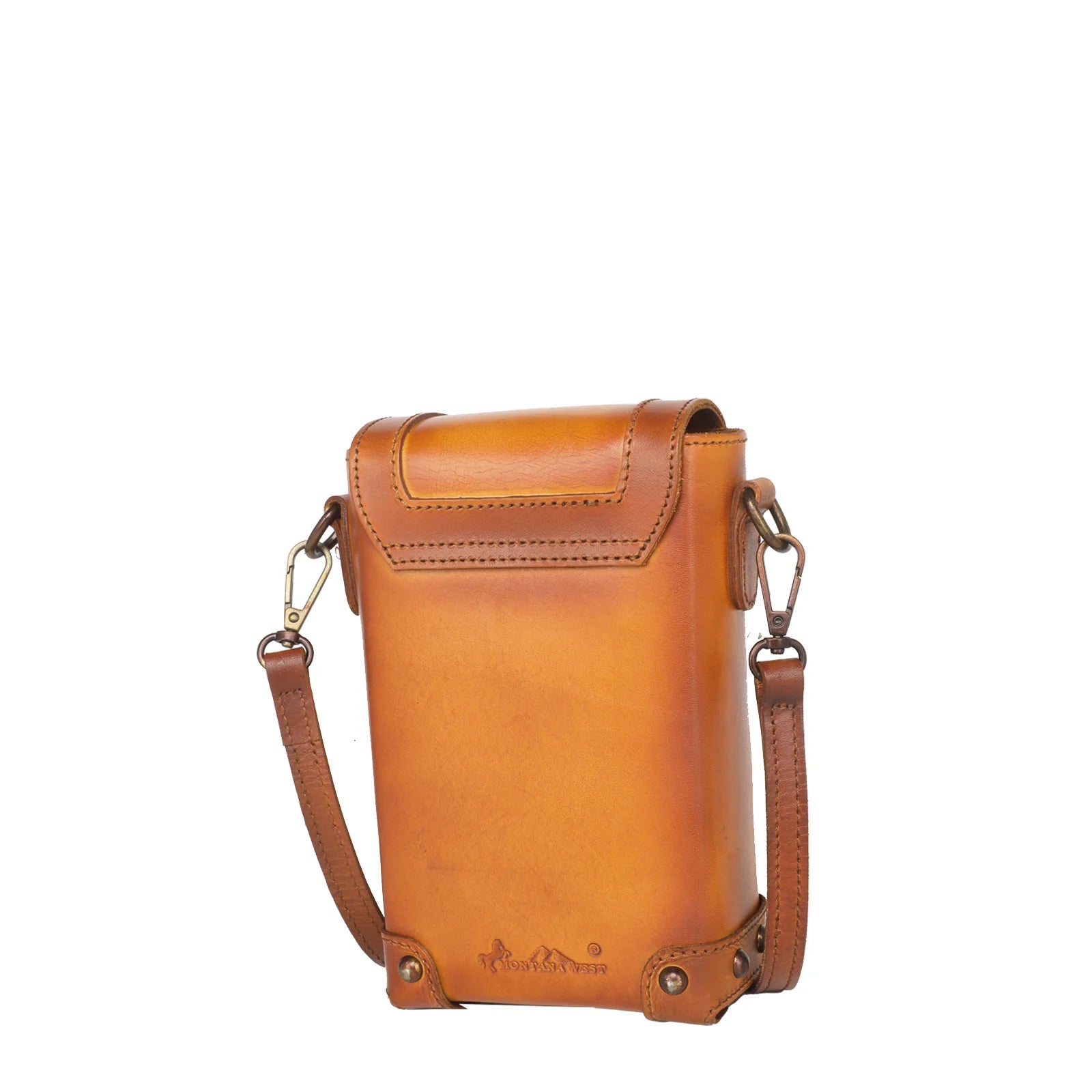 Brown leather crossbody bag on a white background