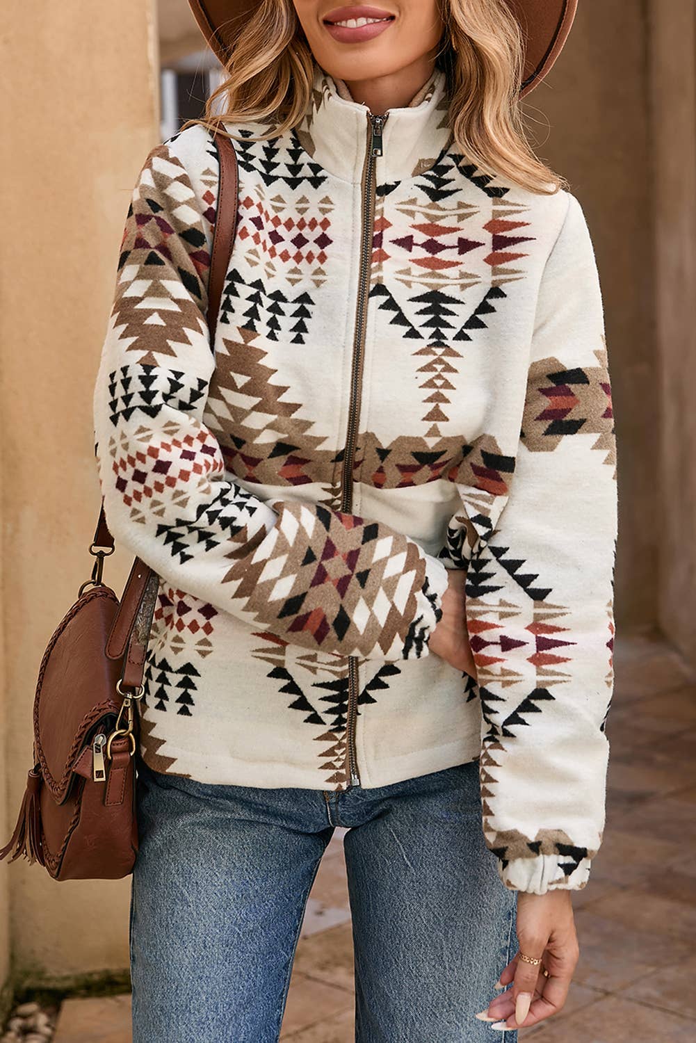 LDC Aztec Printed Stand Neck Zip Up Jacket