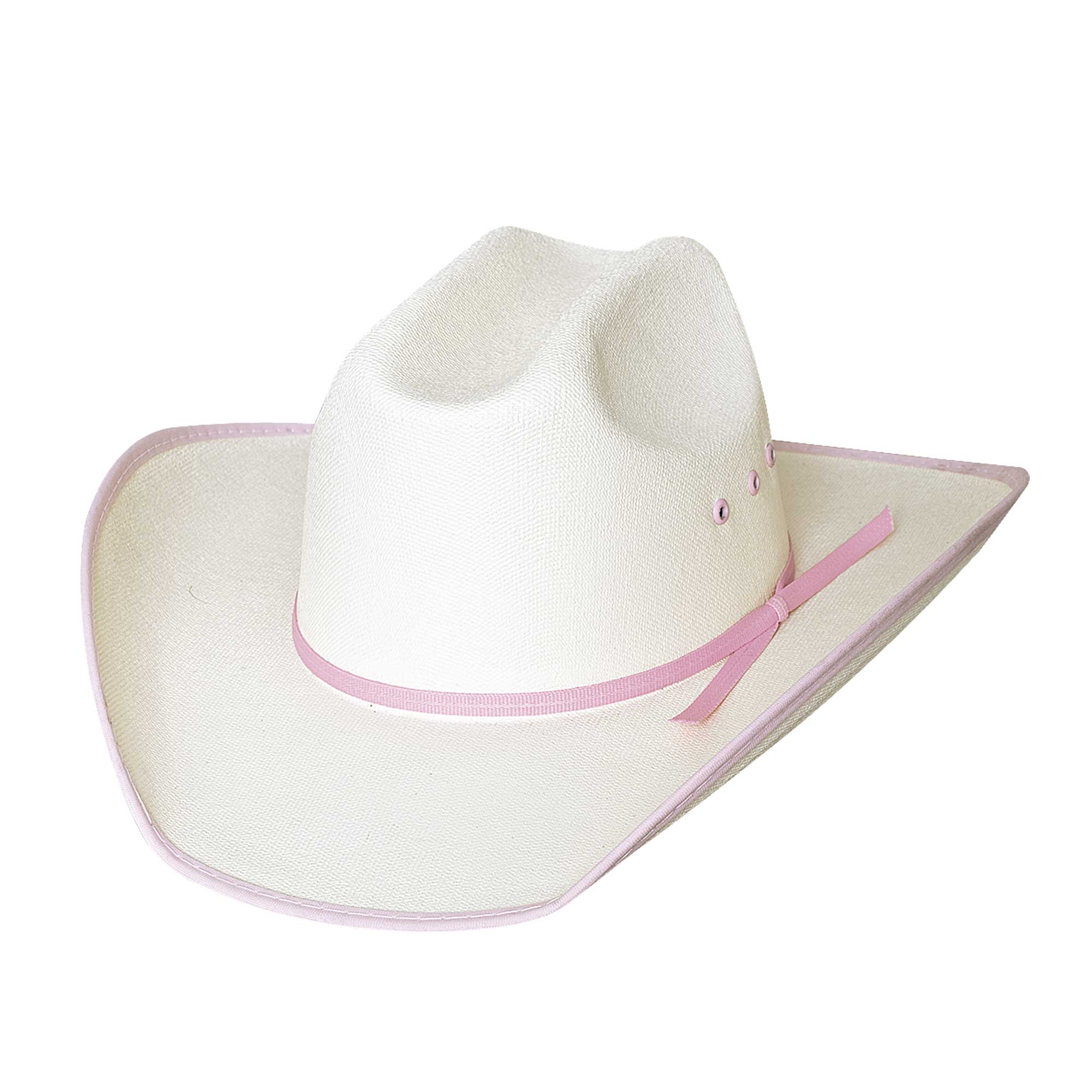 Kids' White Straw Cowboy Hat with Pink Trim and pink hat band.
