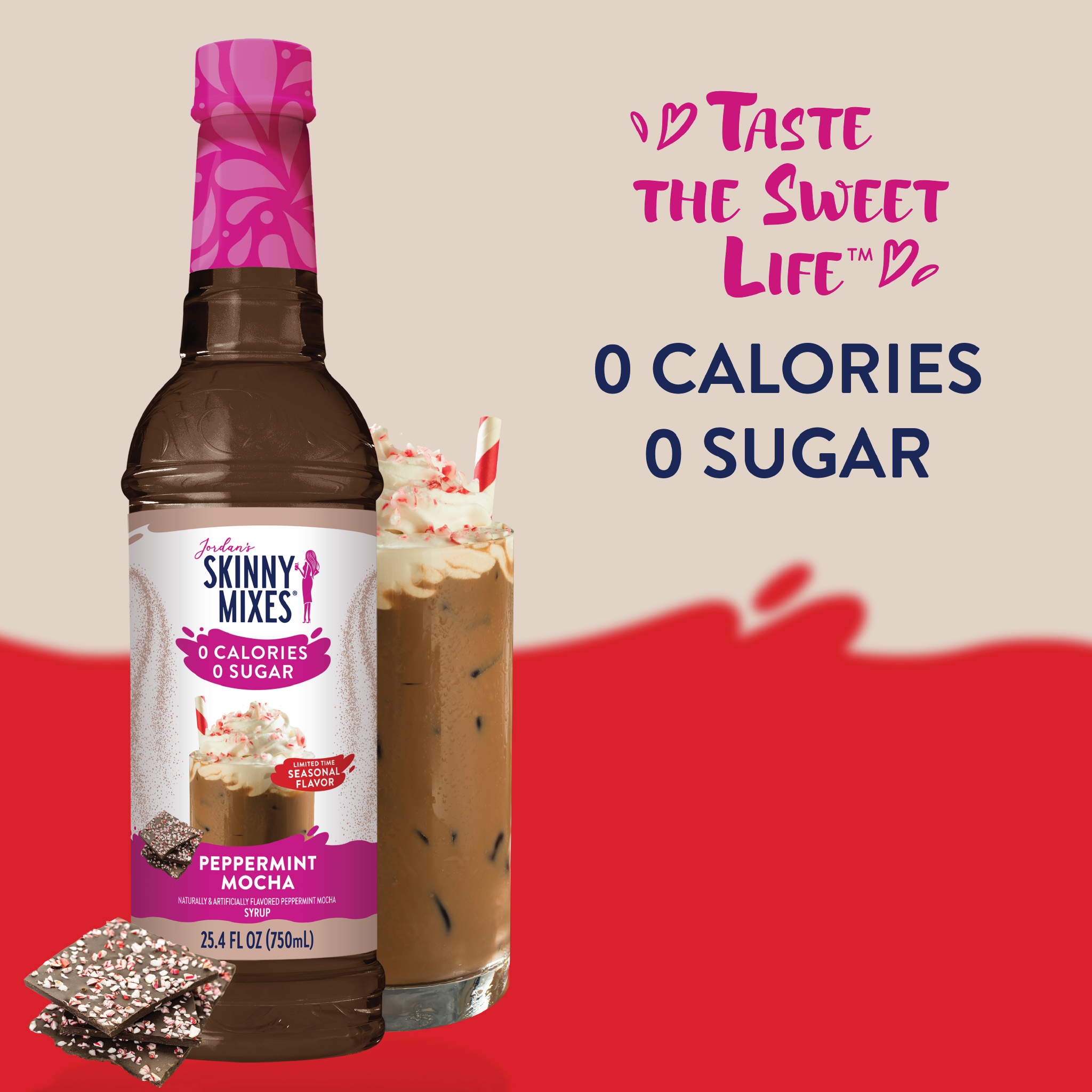 Skinny Mixes peppermint mocha syrup bottle with a glass of coffee and whipped cream on a red and beige background.