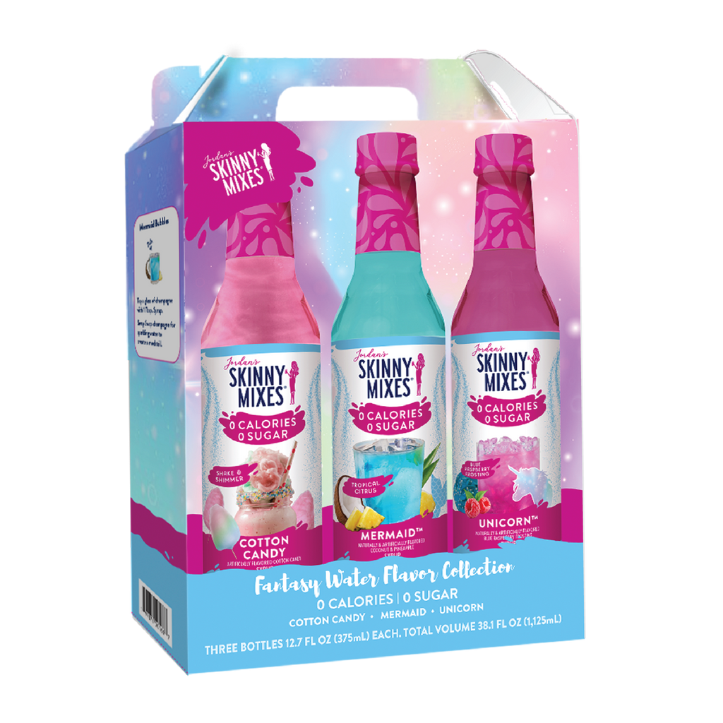 Skinny Mixes water flavor collection packaging with cotton candy, mermaid, and unicorn flavors.