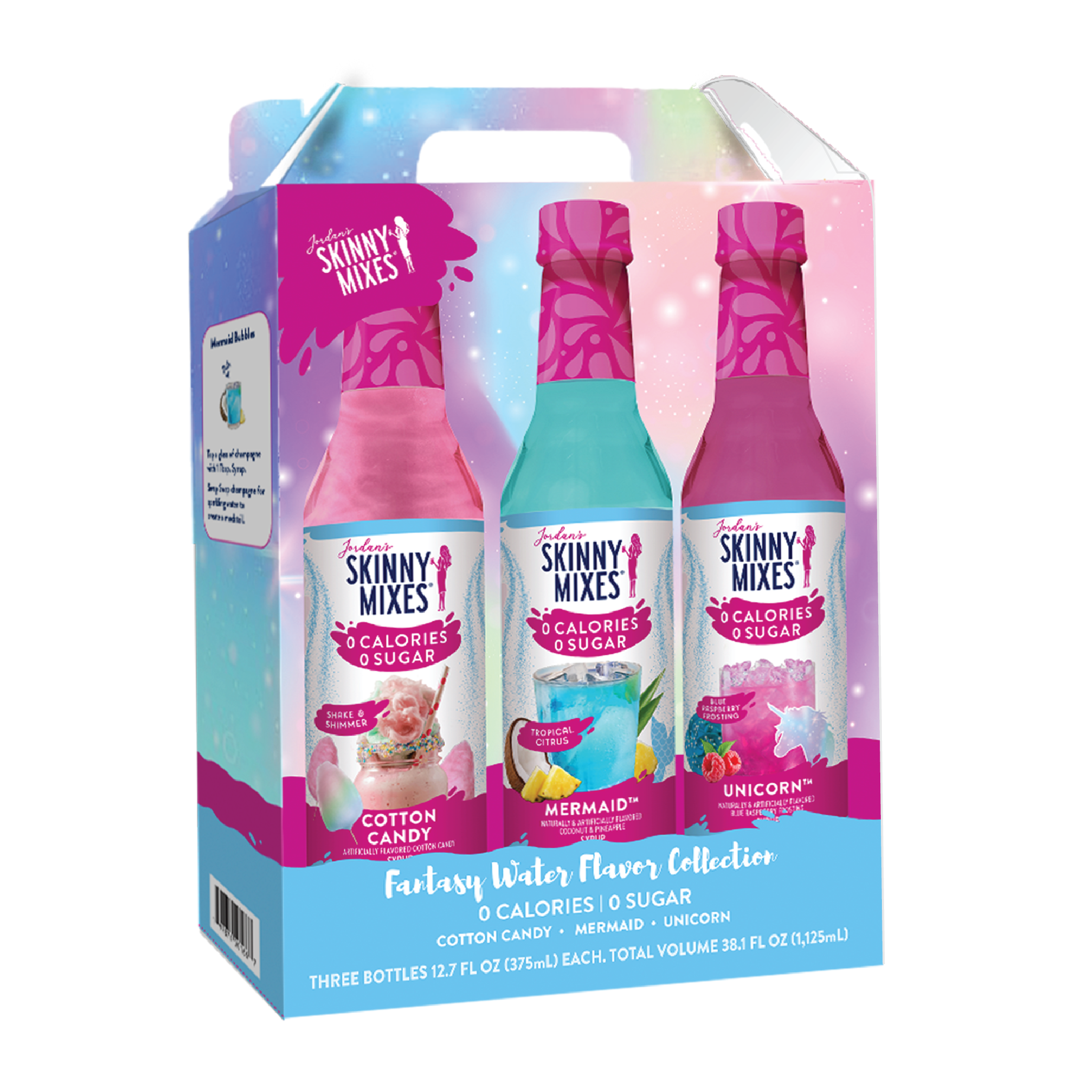 Skinny Mixes water flavor collection packaging with cotton candy, mermaid, and unicorn flavors.