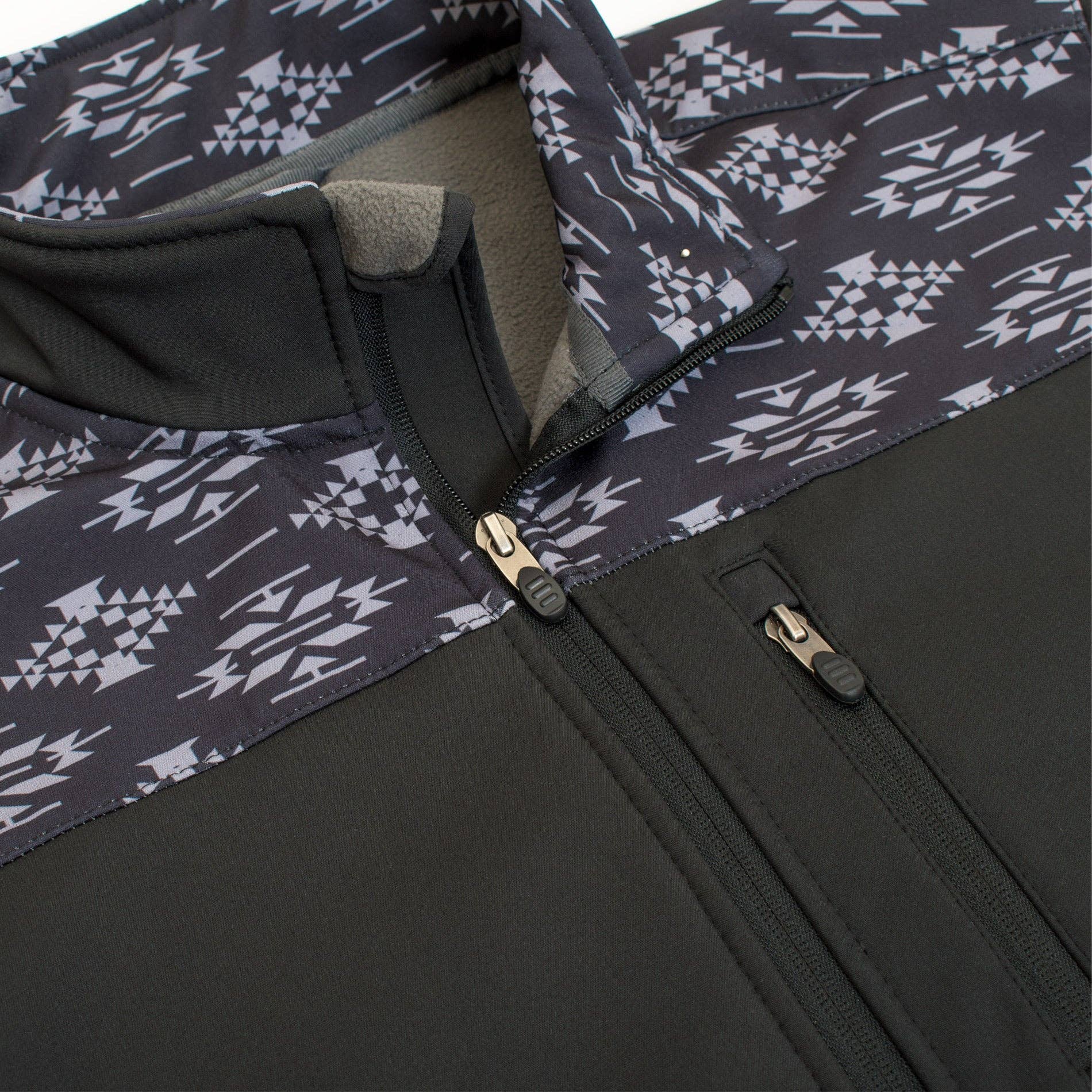 Close-up of a black jacket with patterned lining and zipper details