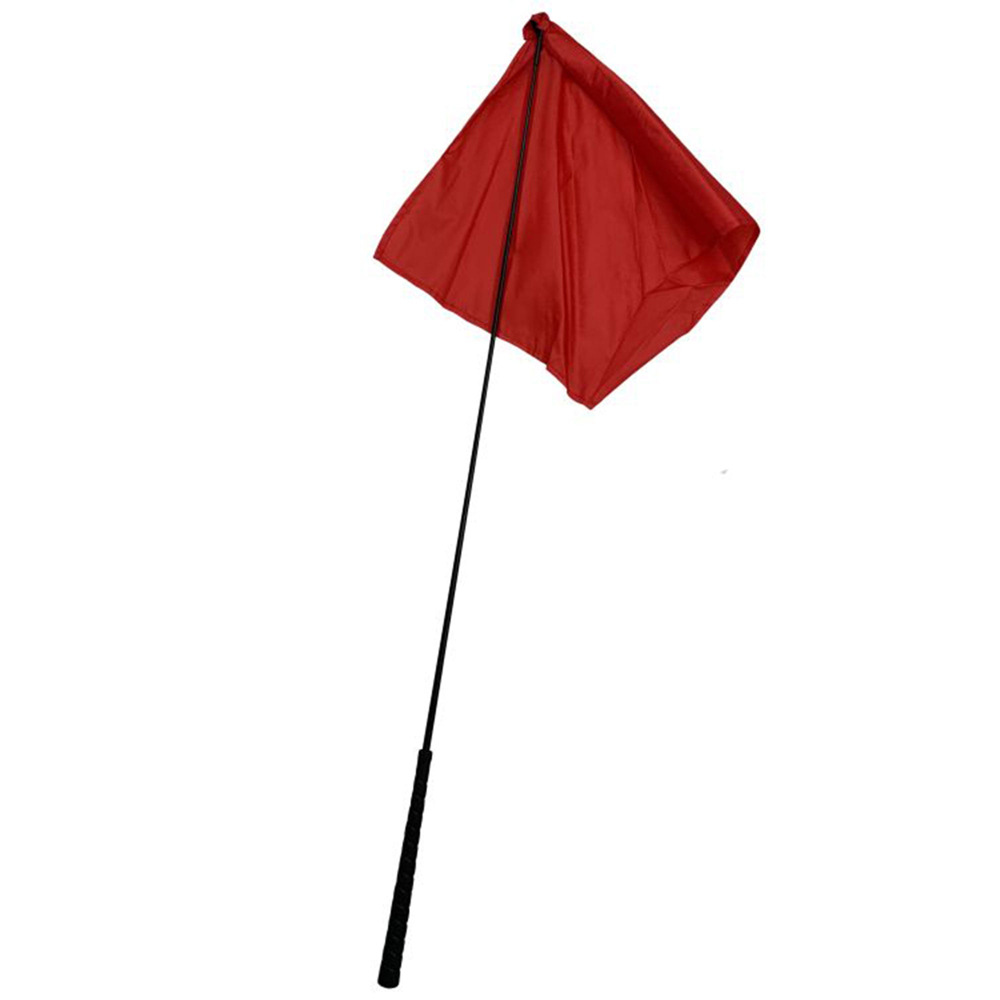 Red training horse flag on a black pole against a white background