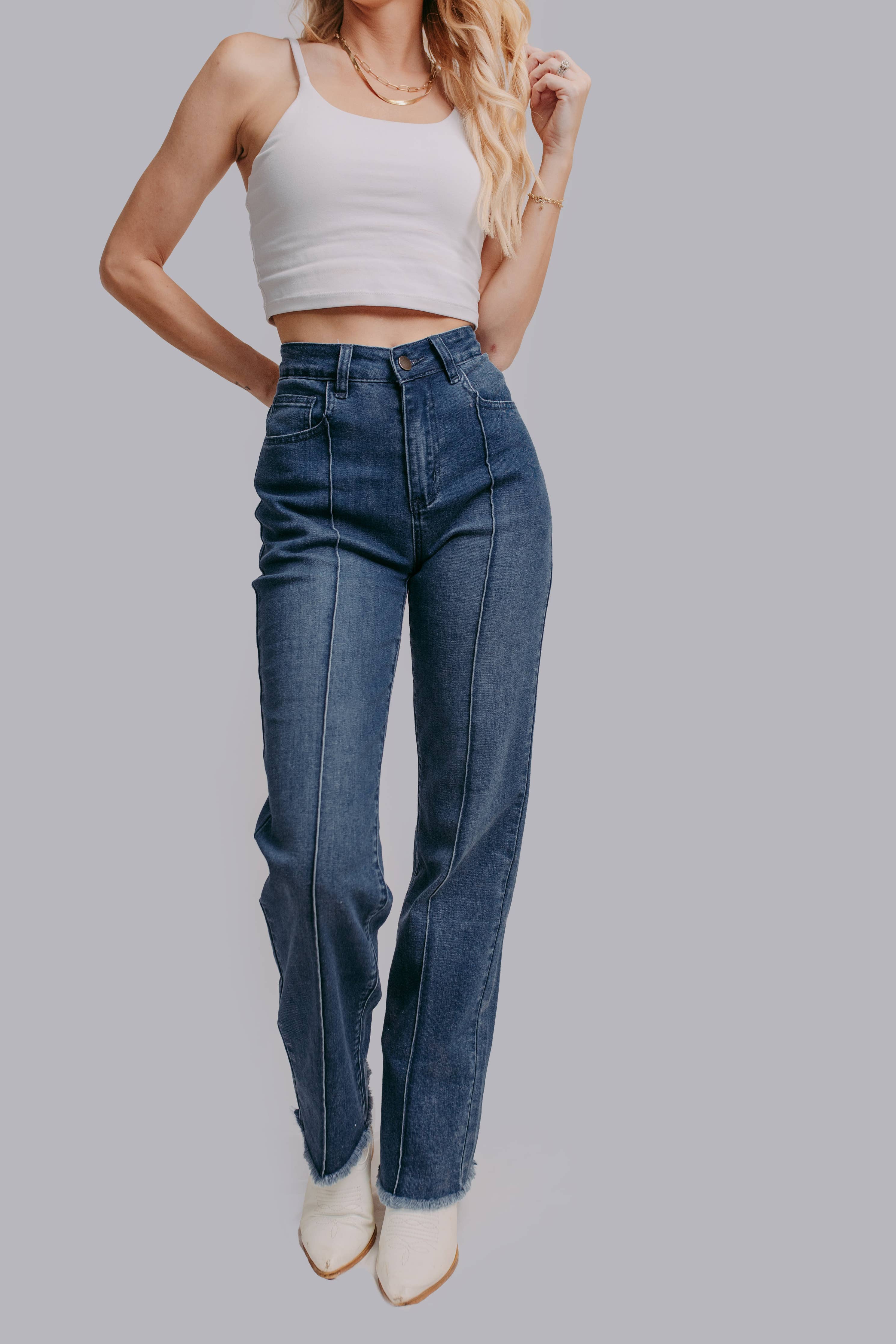 Raw Hem Straight Leg Jeans – Medium Wash Denim with Boot Stitch Pockets, 31" Inseam