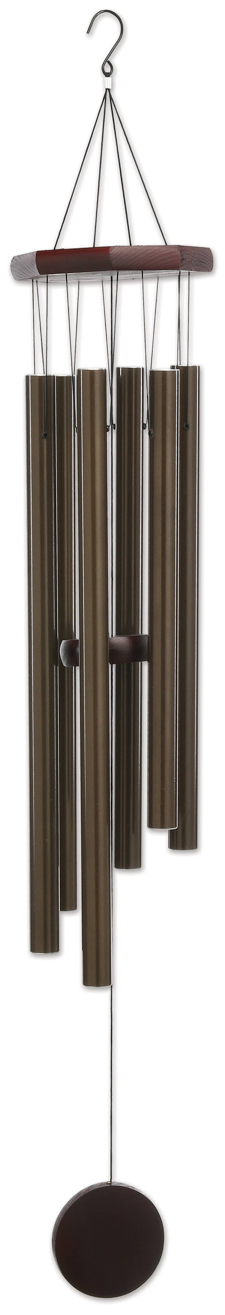 Decorative wind chime with metal tubes and a hanging hook on a wooden base.