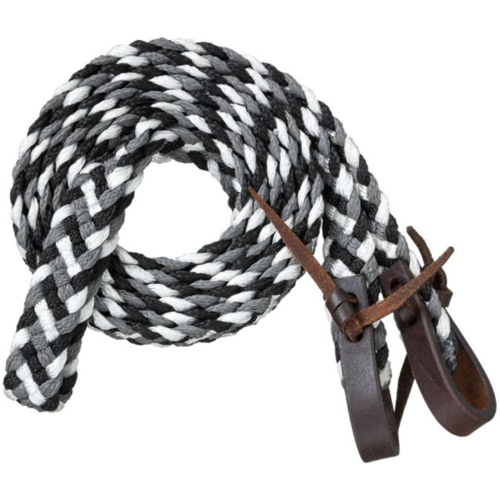 Tough1 black, grey, and white braided poly loop reins coiled with brown leather water loop bit ends.