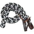 Tough1 black, grey, and white braided poly loop reins coiled with brown leather water loop bit ends.