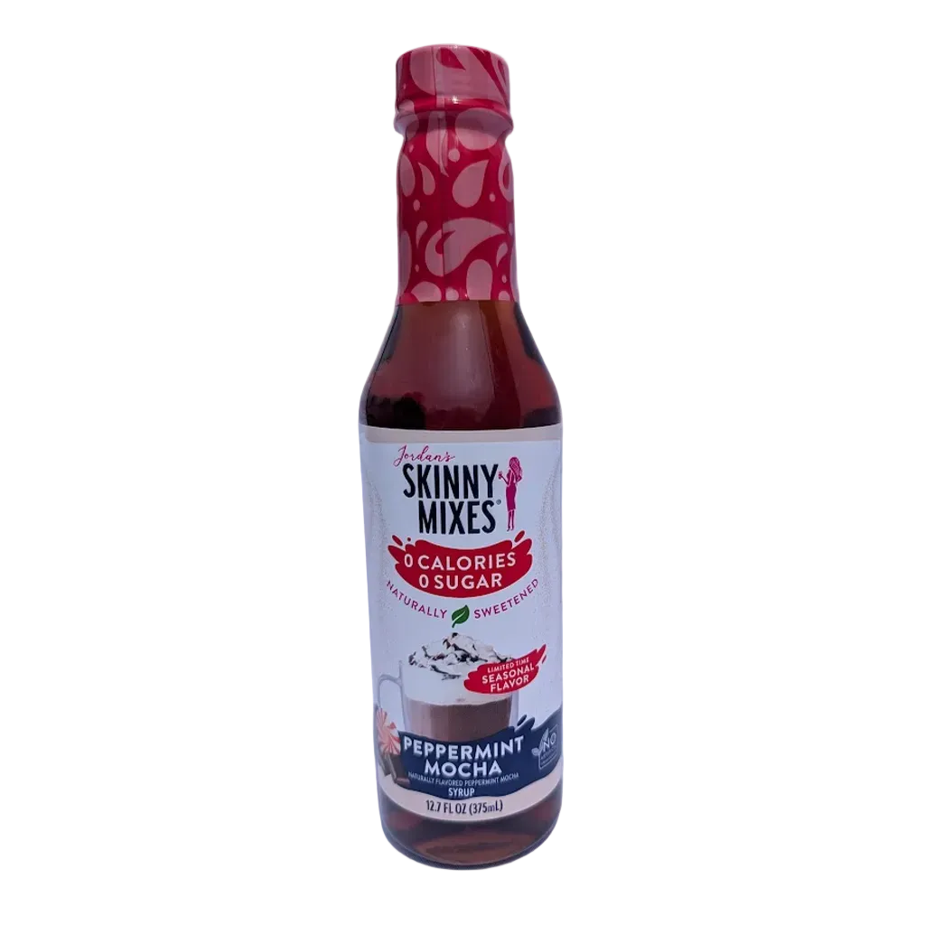 Jordan's Skinny Mixes Zero Sugar Peppermint Mocha Syrup, 375ml bottle.