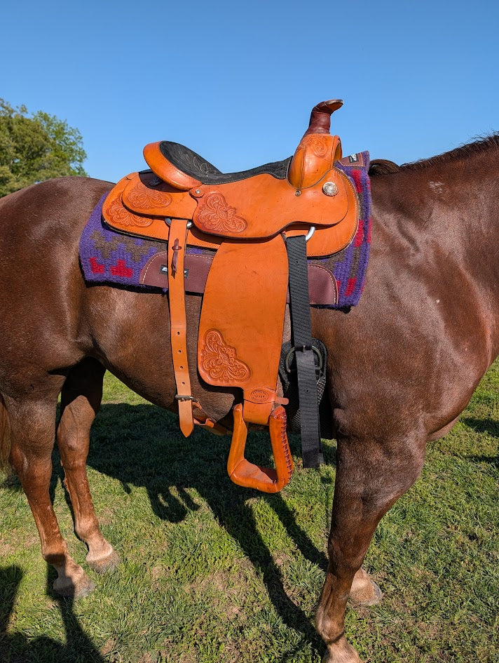 Brown horse with a leather roping saddle on 
