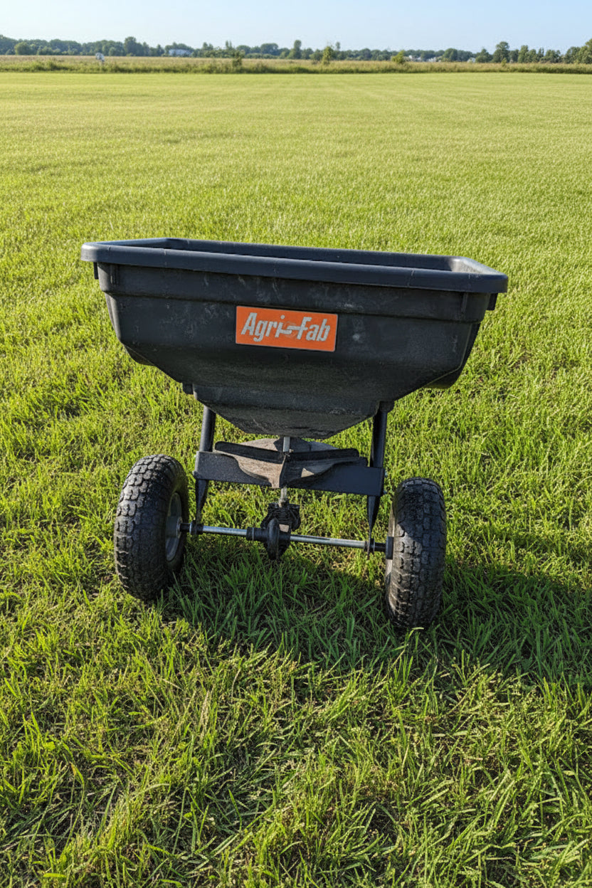 Black fertilizer spreader with 'Agri-Fab' 