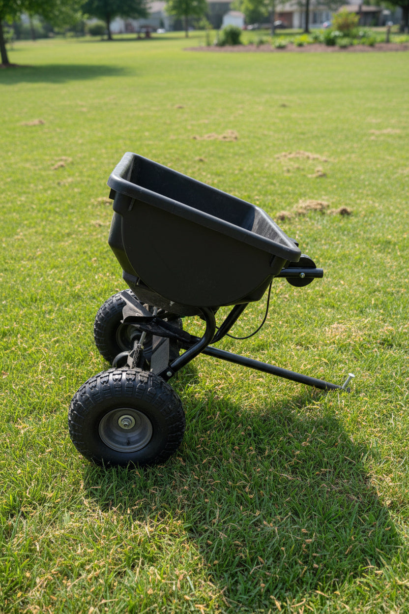 Black wheelbarrow Seeder with tow abilities
