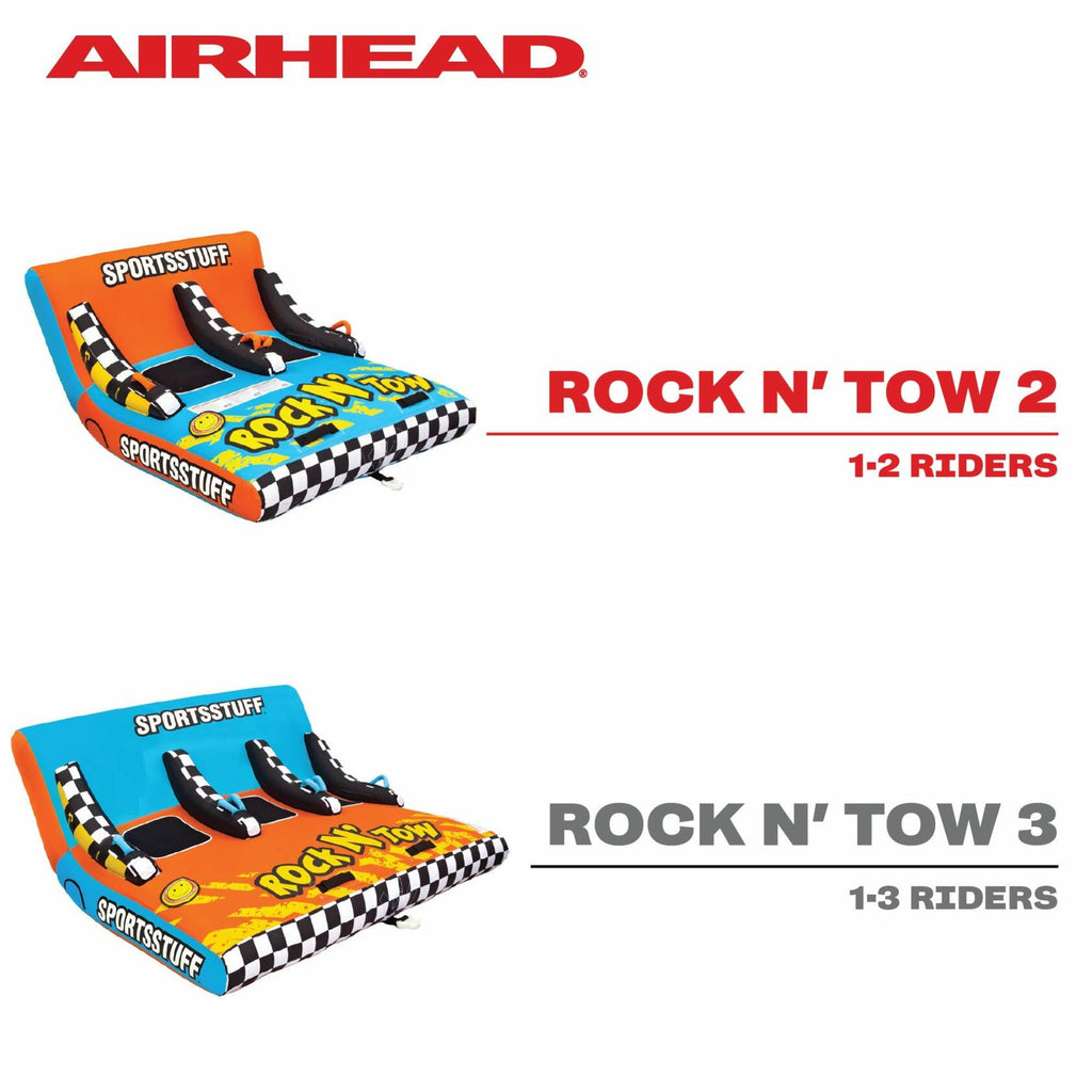 Two inflatable air towables labeled 'Rock N' Tow 2' and 'Rock N' Tow 3' with Airhead branding on a white background.