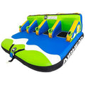 Blue and green inflatable watercraft  with Airhead branding on a white seats up to 4 