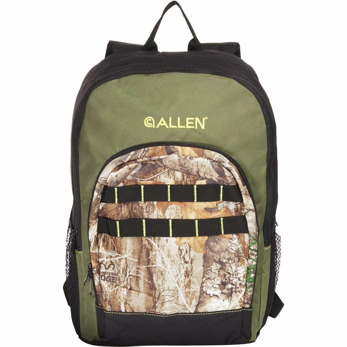 Green and camouflage backpack with Allen logo on a white background
