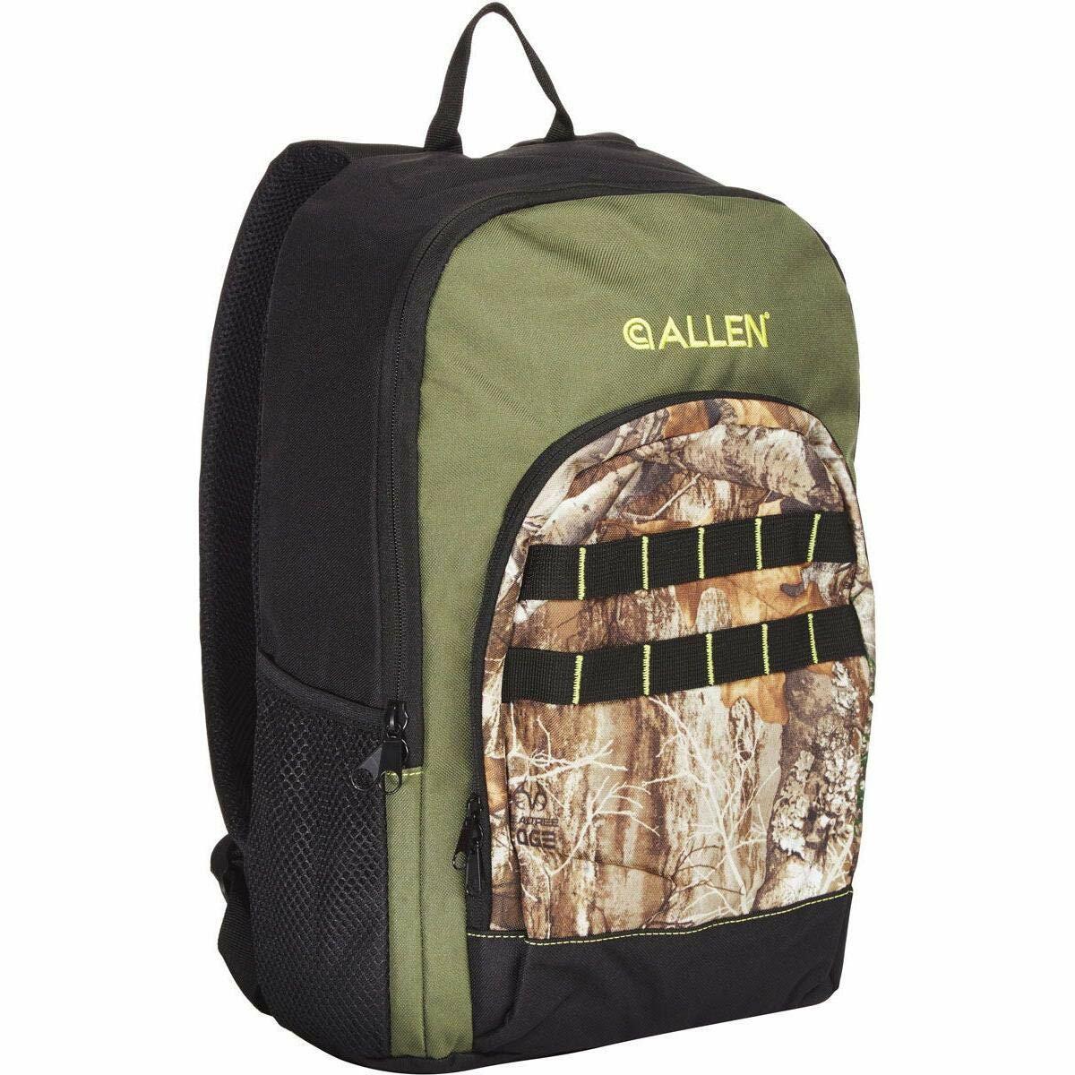 Backpack with camouflage pattern and Allen logo on a white background