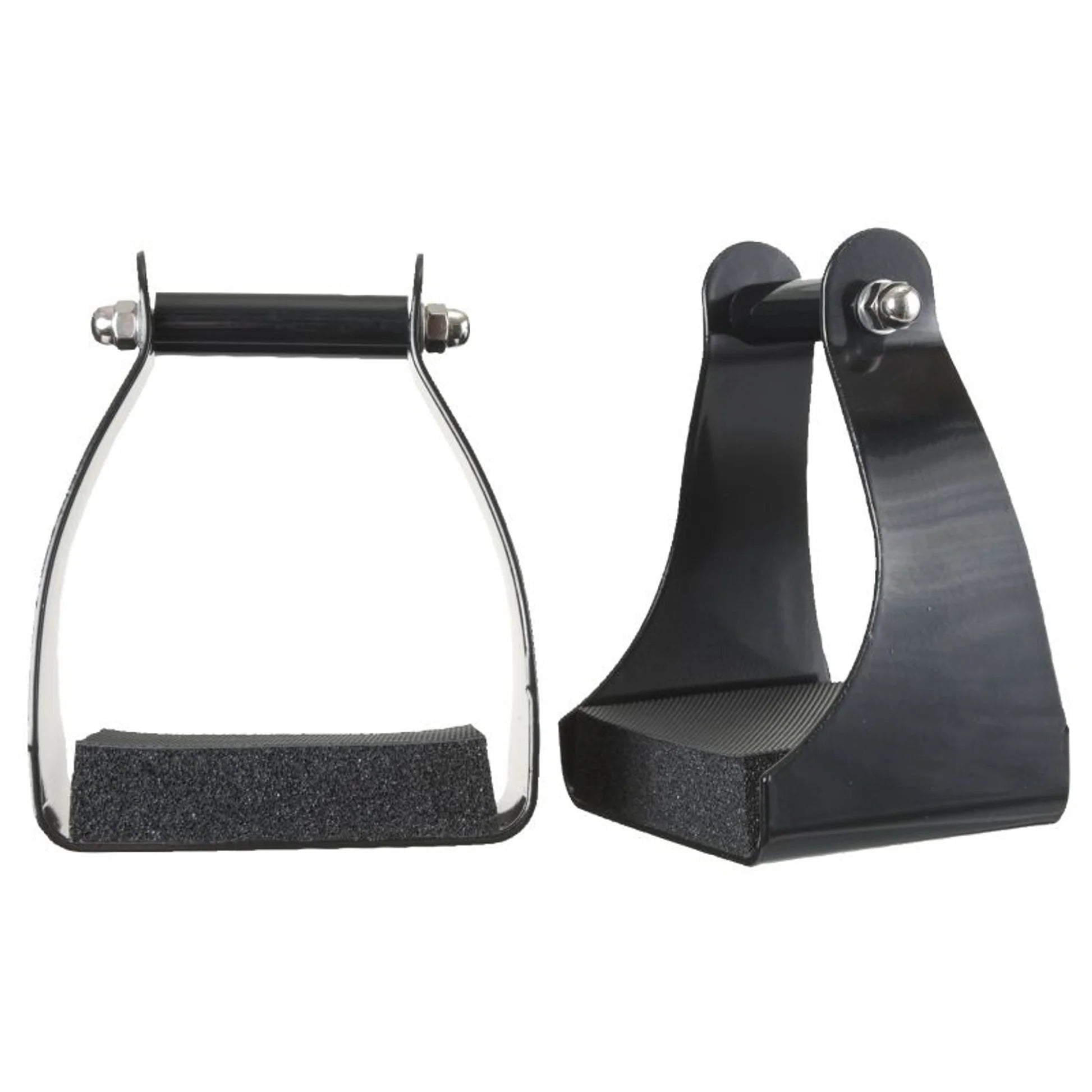 Pair of black metal stirrups on a white background
