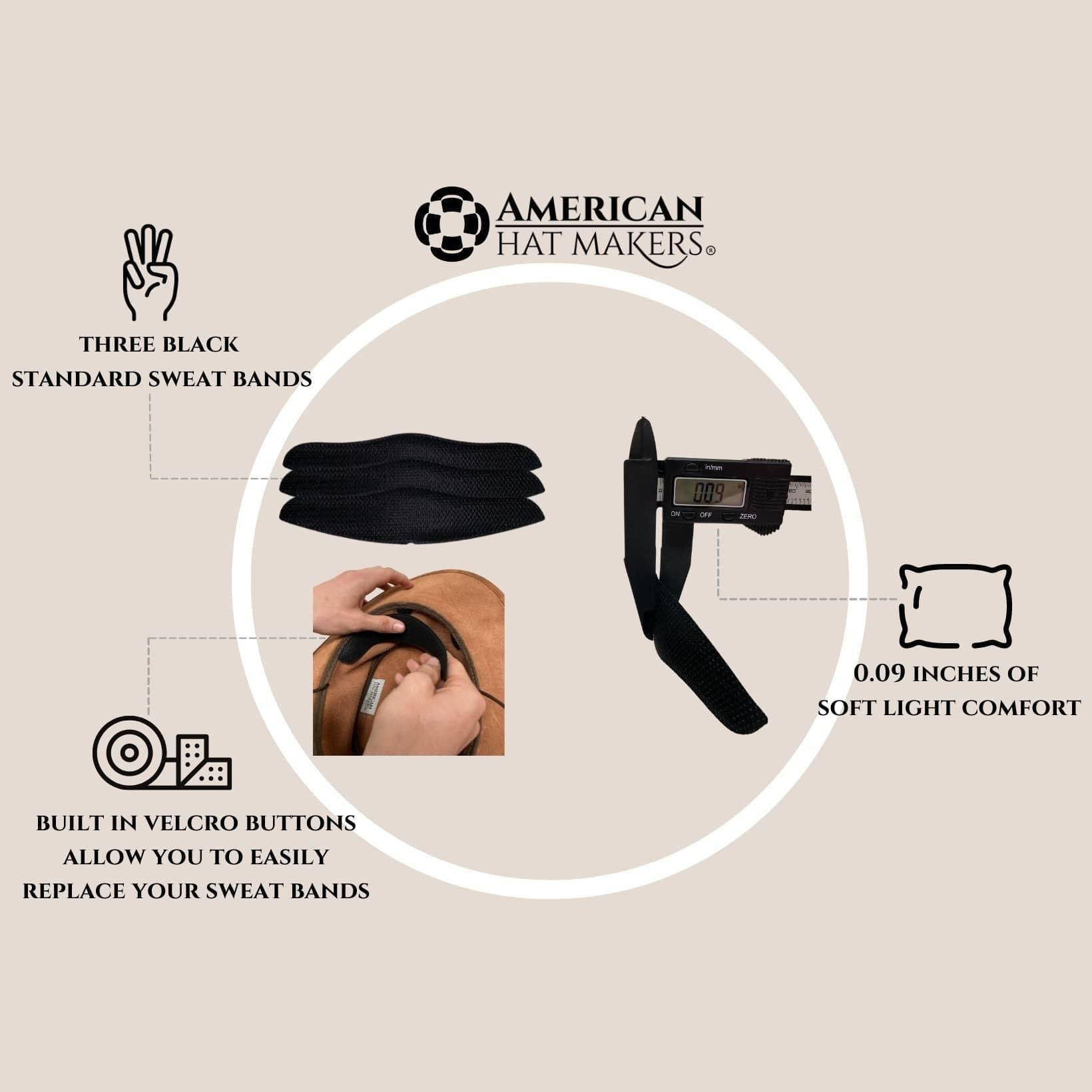 American Hat Makers product with sweat band and measurement details on a beige background