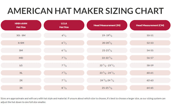 American Hat Maker sizing chart for hat sizes with measurements in inches and centimeters.