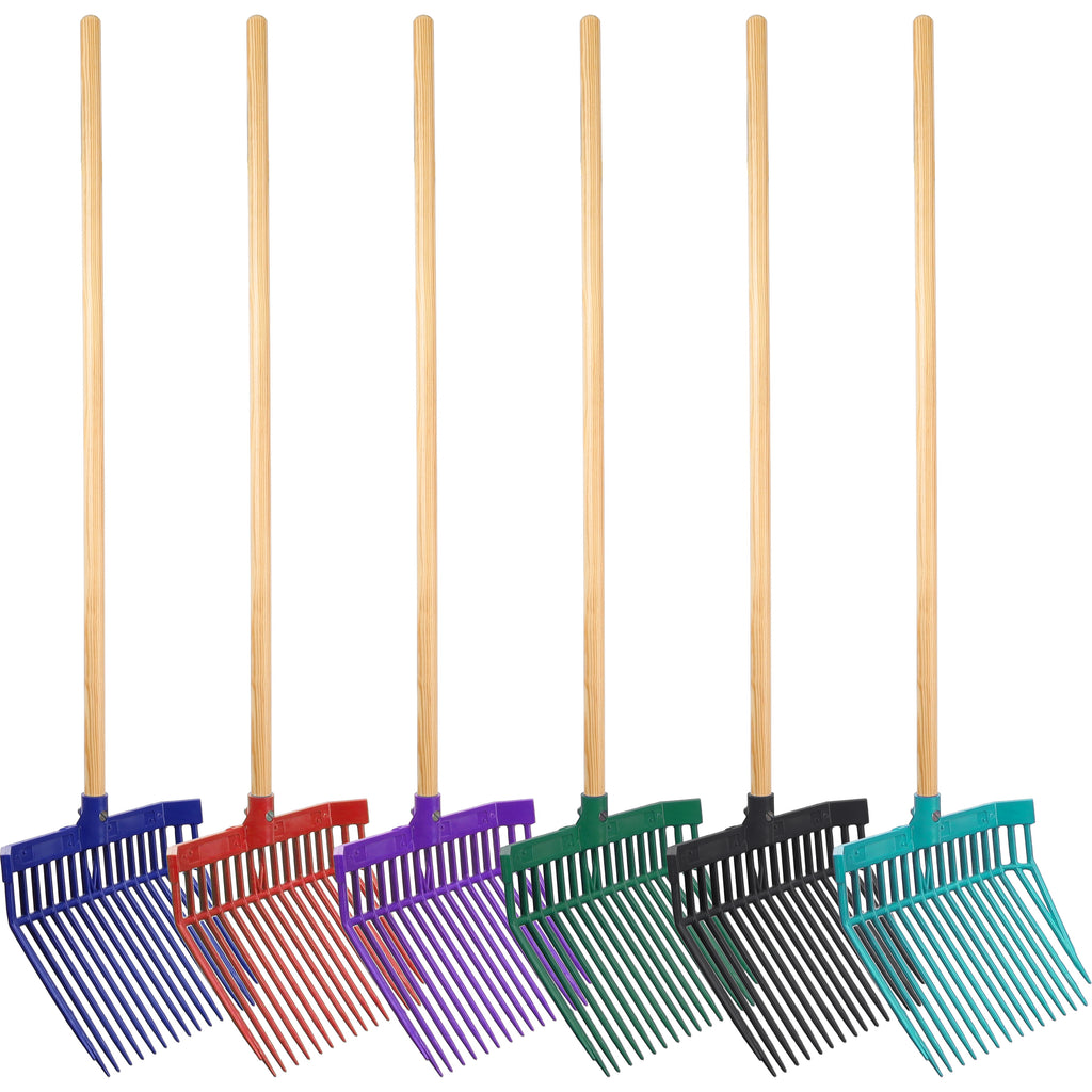 Set of colorful garden rakes with wooden handles on a white background