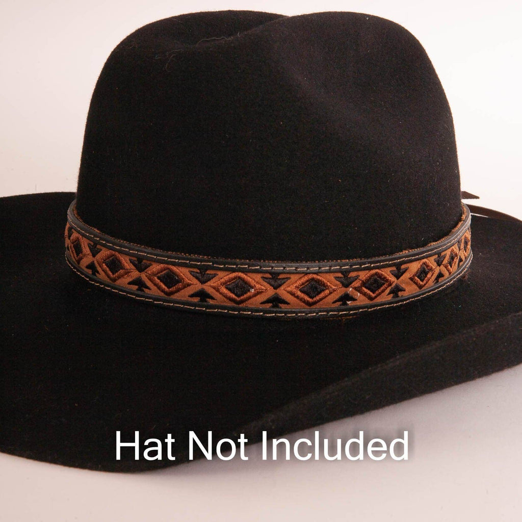 Black cowboy hat with a brown and tan braided band on a white background