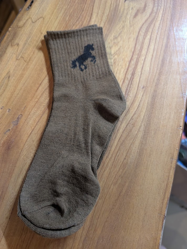 Brown ankle sock with a horse on it.