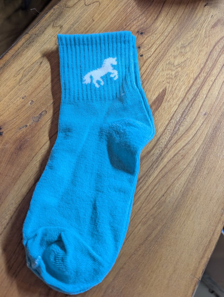 Blue ankle sock with a horse on it