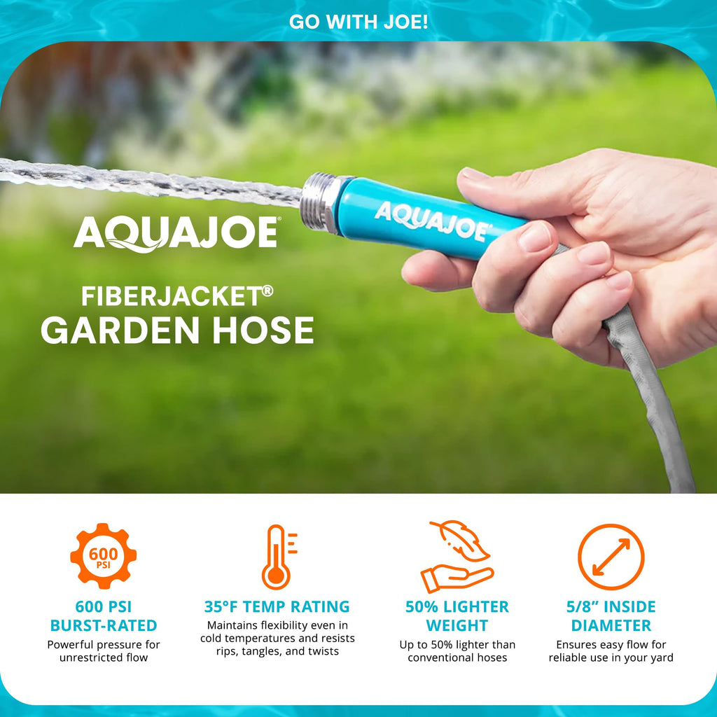 Aquajoe garden hose being used with a green grass background