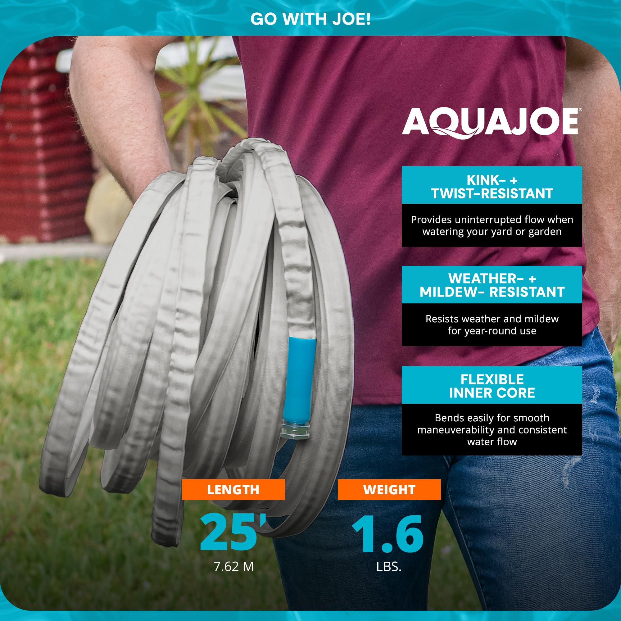 Person holding a coiled hose with Aquajoe branding and product features displayed.